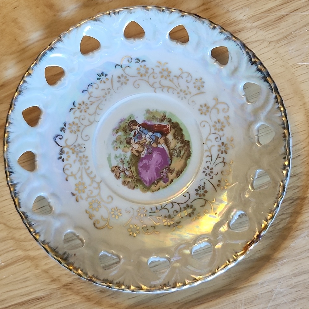 Vintage Made in Japan Renaissance Couple Iridescent Gilded Tea Saucer